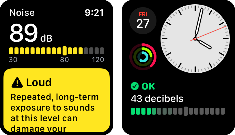 Figure 83: A live, small-venue rock concert was a great test environment for the Noise feature (left). Usually, the Noise complication shows a more reasonable level (right).