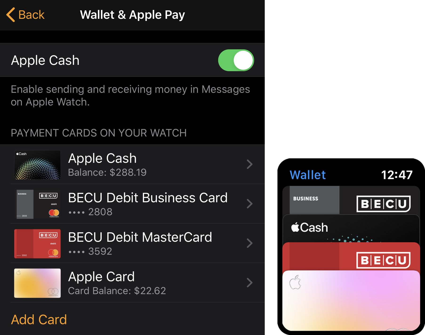 Figure 92: Apple Pay cards set up in the Watch app on the iPhone (left) appear in the Wallet app on the watch (right).