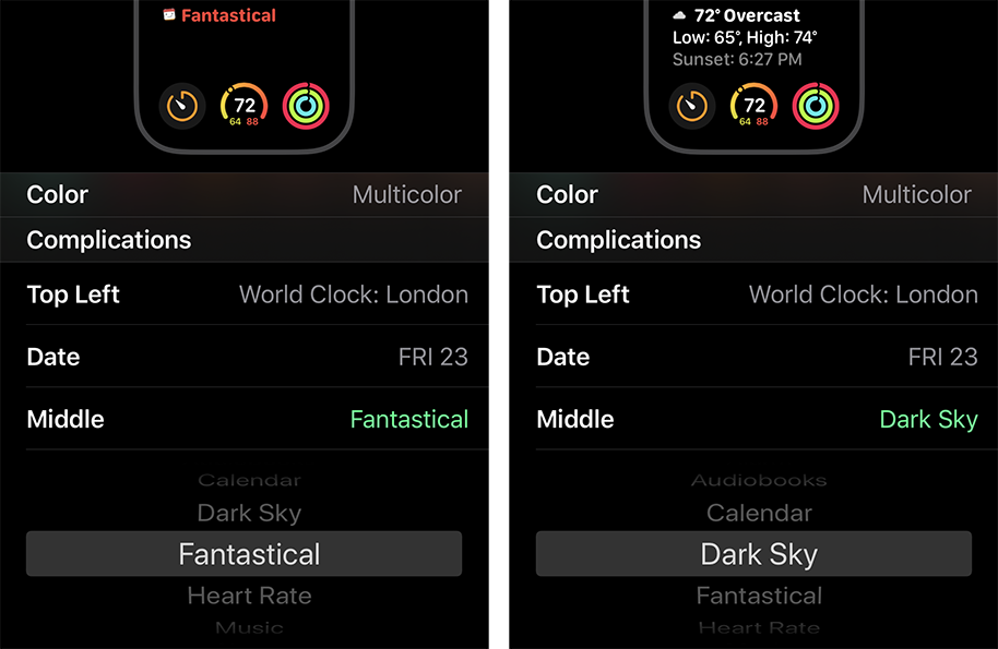 Figure 19: Here I’ve changed the Middle complication from Fantastical to Dark Sky, which is previewed in the face above.