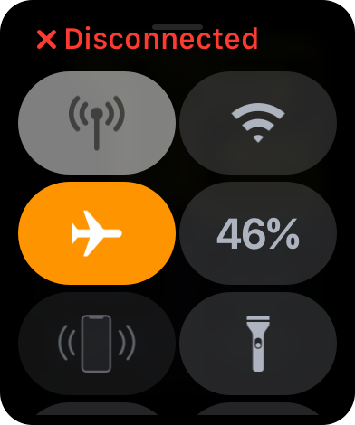 Figure 22: The Control Center shows connection status above a set of icons. The icons are (left to right) Cellular, Wi-Fi, Airplane Mode, Battery Level, Ping iPhone, and Flashlight (Airplane Mode is active here).