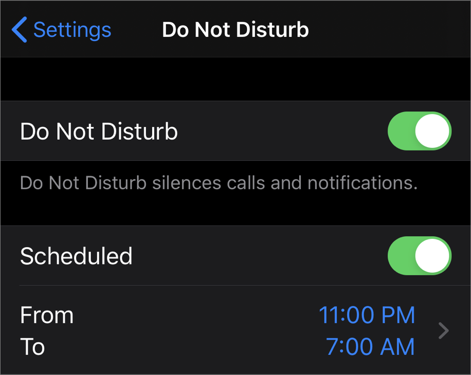 Figure 27: Set up an automatic Do Not Disturb schedule in the Settings app on your iPhone.