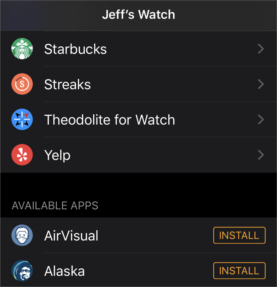 Figure 37: Each watch-compatible app appears in the main screen in the Watch app on the iPhone.