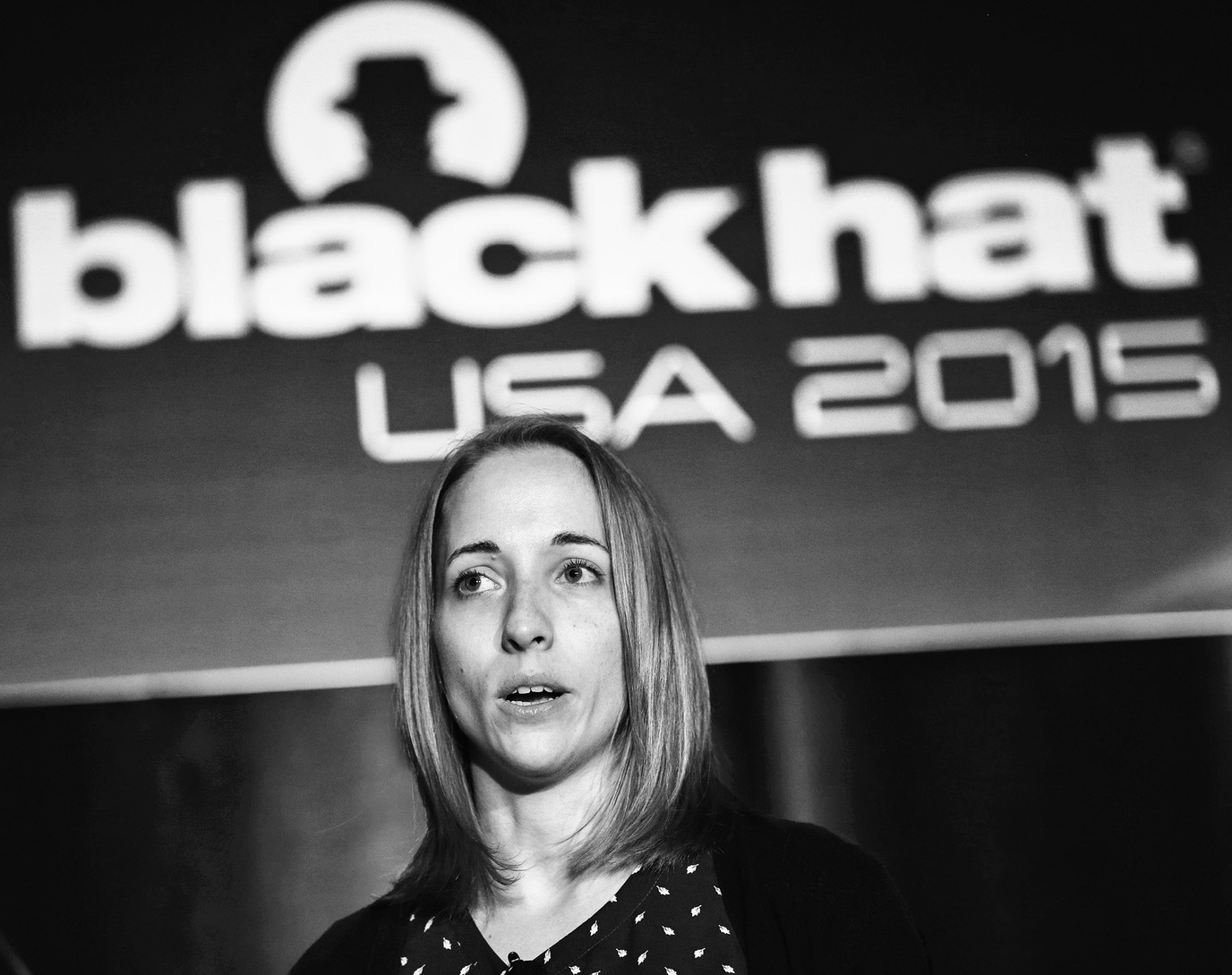 Runa A. Sandvik speaks at a presentation on hacking a Linux-powered rifle during the Black Hat conference, Thursday, Aug. 6, 2015, in Las Vegas. The annual computer security conference draws thousands of hackers and security professionals to Las Vegas. (AP Photo/John Locher)