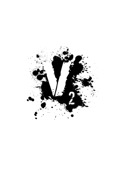 A blood splatter graphic, with the letter V and the number 2 superimposed.