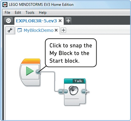 The completed My Block on the canvas. If your block is not correctly lined up with the Start block after its creation, click the left end of the Sequence Wire to snap the blocks back together.