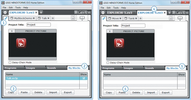 Copying a My Block from the EXPLOR3R-5 project to the EXPLOR3R-4 project.