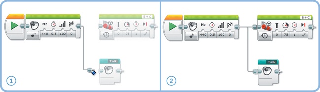 Multitasking with a split Sequence Wire in the MultiSequence program. To create it, first place all required blocks on the canvas and then connect a Sequence Wire to each series of blocks. (This works even if the Sound block and the Move block are snapped together; the blocks will be separated automatically as you try to connect the Talk My Block.)