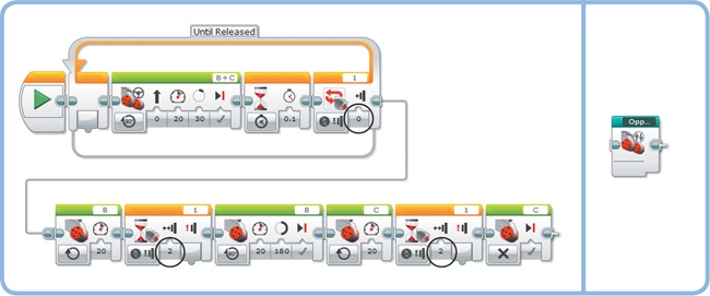 The configuration of the blocks (left) and the completed Opposite My Block (right). I used a Sequence Wire to split the program in two for better visibility, but you won’t need to do this in your program.