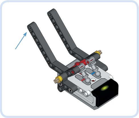 You can use the remote control with the Infrared Sensor as a contact sensor. Pressing an antenna (blue arrow) causes a button on the remote to be pressed. Use the Infrared Sensor to detect which button is pressed or whether they’re both pressed.