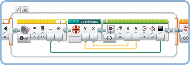 Add a Color Sensor block configured as shown, and connect the Logic data wire to the Display block. Your pencil now acts as an eraser whenever you cover the Color Sensor with your finger.