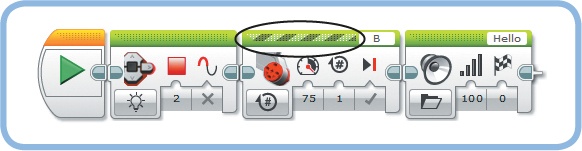 The moving stripes indicate that the Large Motor block is currently running. You’ll see the stripes only if you use the Download and Run button; you won’t see them if you start the program using the EV3 buttons.