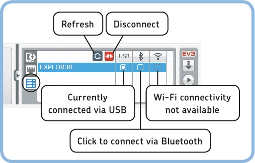 You use the Available Bricks tab to manage connections to the EV3 brick. If a checkbox is greyed out, the connection type isn’t currently available.