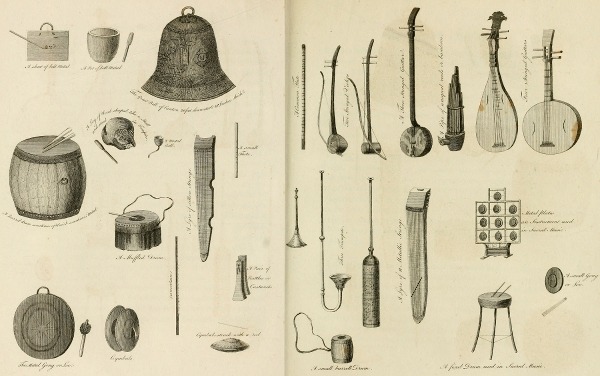 A sheet of bell Metal A pot of bell Metal The Great Bell of Canton 20 feet diameter 8-16 Inches thick. A Barrel drum sometimes of Wood & sometimes Metal. A Log of Wood shaped like a Skull and used in Temples. A Metal Bell. A Lyre of silken Strings. A small Flute. A Muffled Drum. The Metal Gong or Loo Cymbals. Uncertain A Pair of Rattles or Castanets. Cymbals struck with a rod. Alommon Flute. Two Stringed Violins A Three Stringed Guitar. A Pipe of inequal reeds or bamboos. Four Stringed Guitars. Three Trumpets. A Lyre of 11 Metallic Strings. Metal Plates an Instrument used in Sacred Music. A small barrell Drum. A fixed Drum used in Sacred Music. A small Gong or Loo. Published May 10th, 1804 by Cadell and Davies Strand. Neele sc. Strand