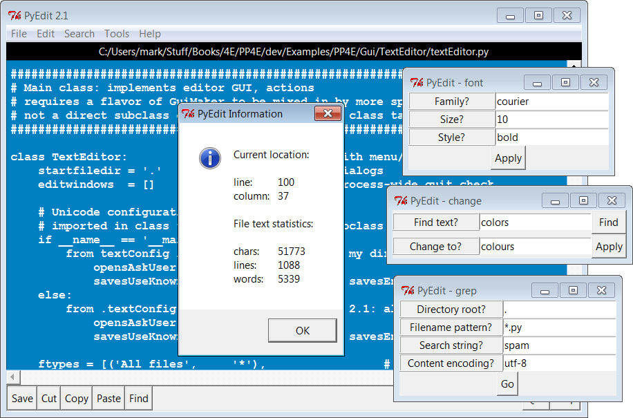 PyEdit with colors, a font, and a few pop ups