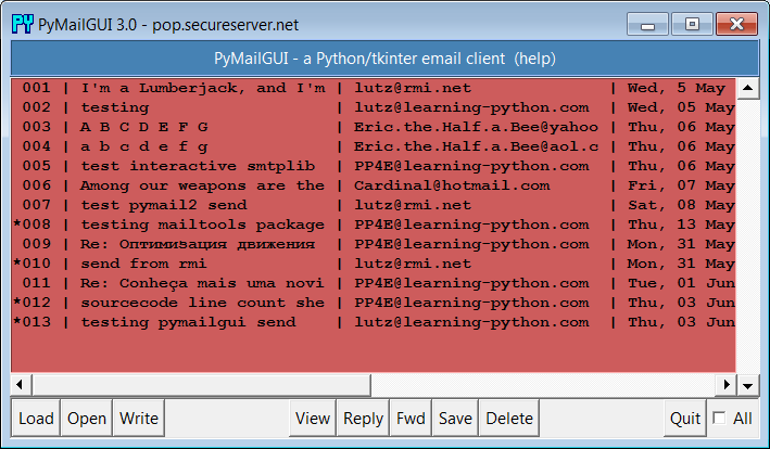 PyMailGUI main server list window