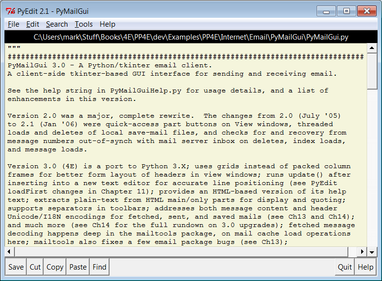 PyMailGUI text help source code viewer window