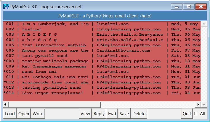 PyMailGUI main window after loading sent mail