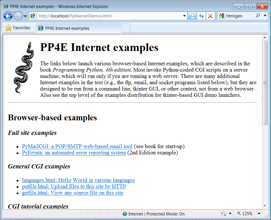 The PyInternetDemos launcher page