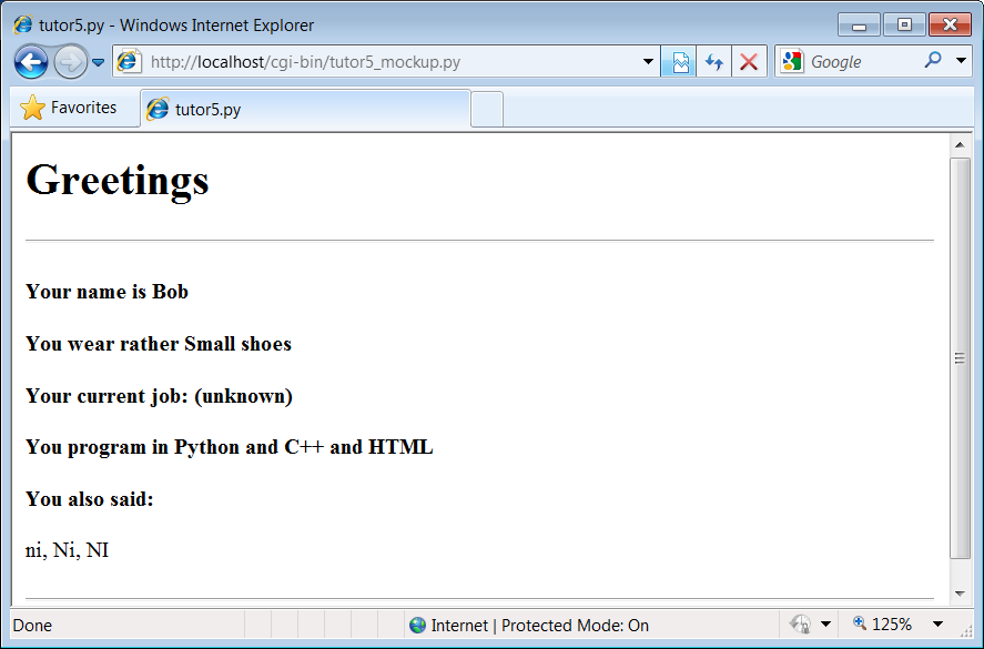 A response page with simulated inputs