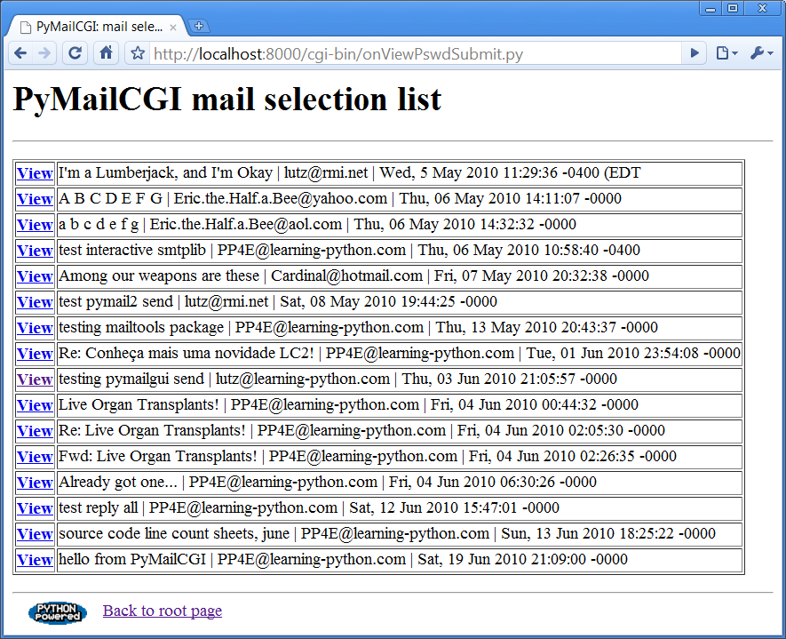 PyMailCGI view selection list page, top