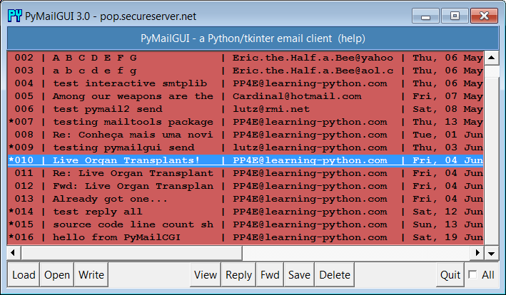 PyMailGUI displaying the same view list