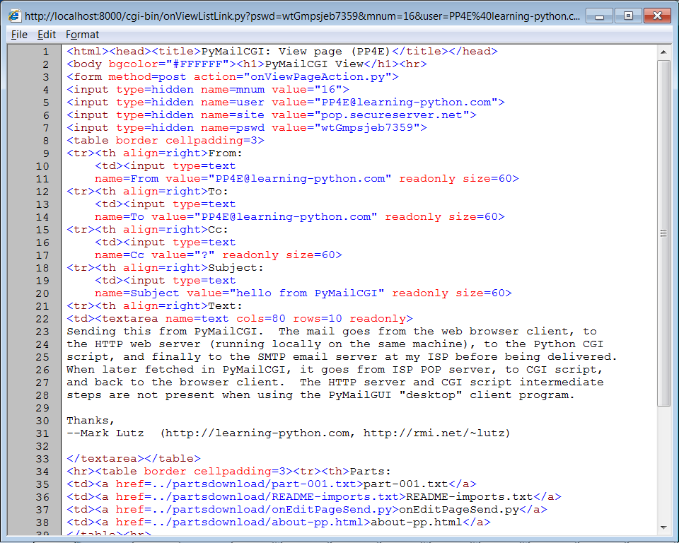 PyMailCGI view page, generated HTML