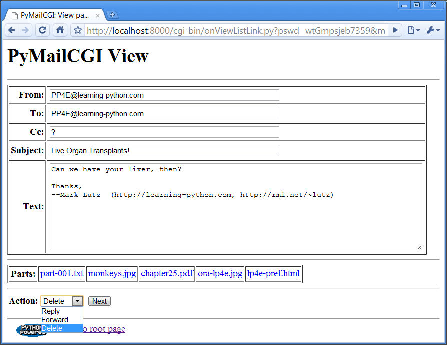 PyMailCGI view page, Delete selected