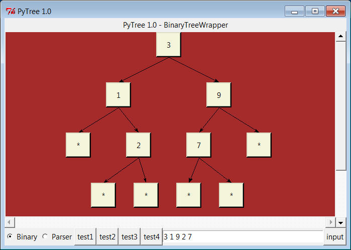 PyTree viewing a binary search tree (test1 button)