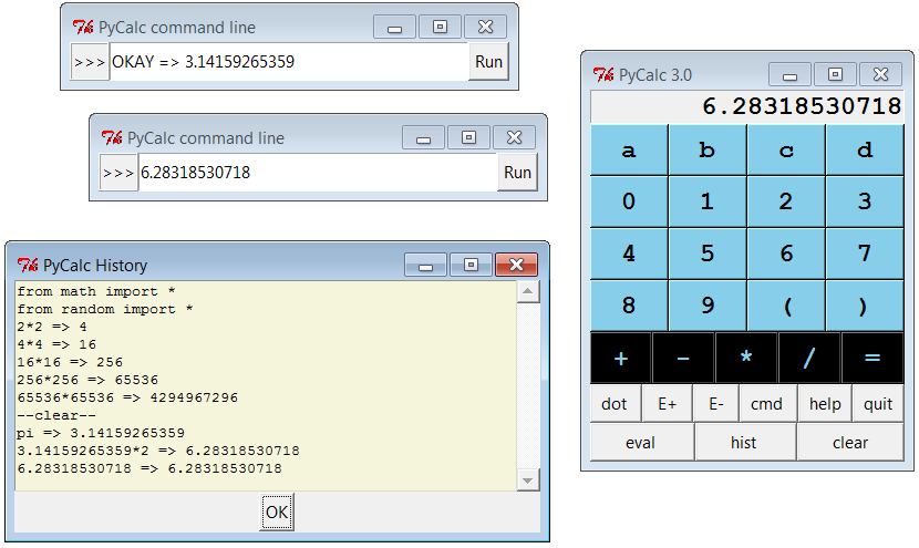 PyCalc calculator with some of its pop ups