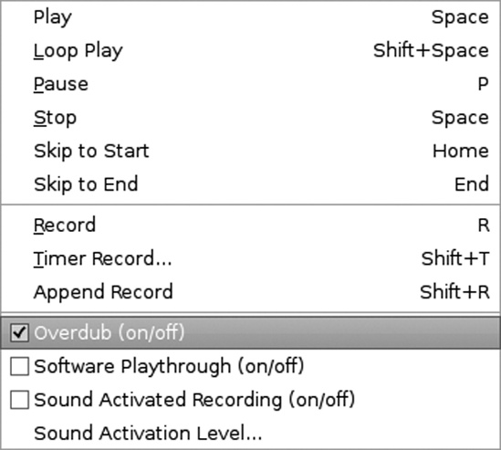 Enable Overdub so you can listen to an existing track while recording a new track.