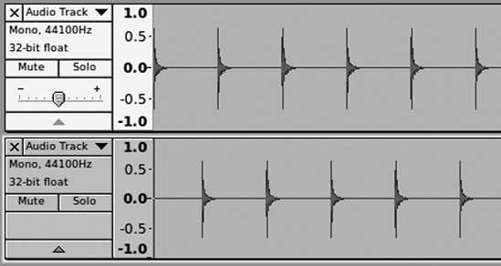 The overdubbed track does not line up with the first track because of latency.