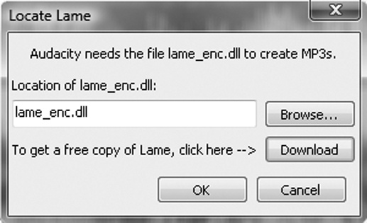 To install LAME from inside Audacity, click the Download button in the MP3 Export dialog.