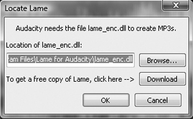 After you install LAME, the Libraries dialog shows the full file path.