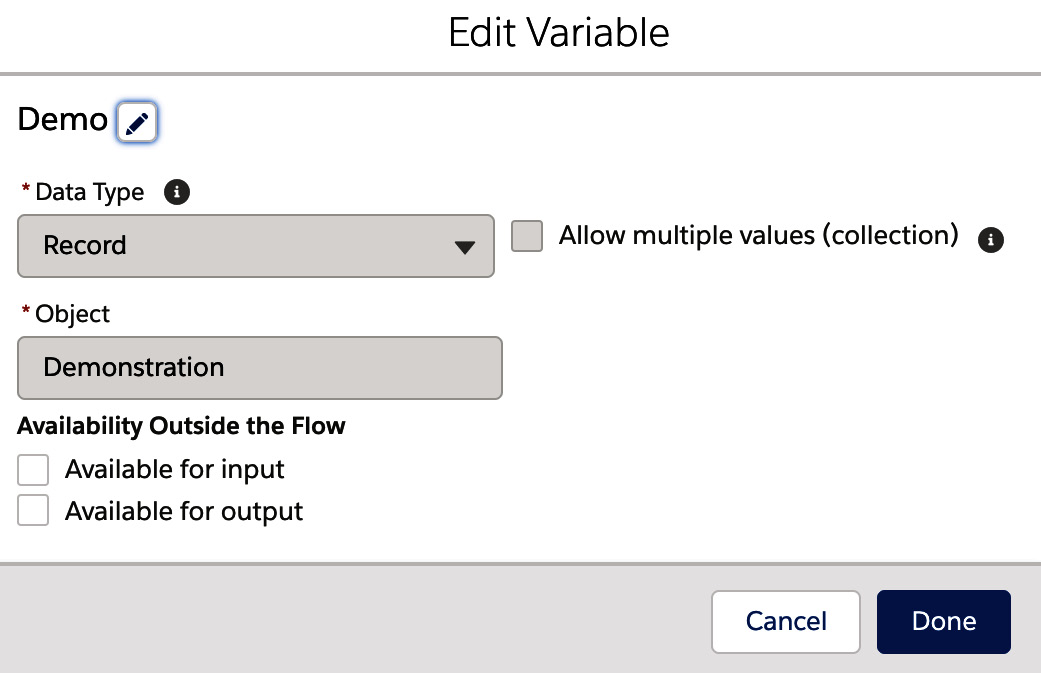 Figure 11.12 – Record variable to hold our platform event
