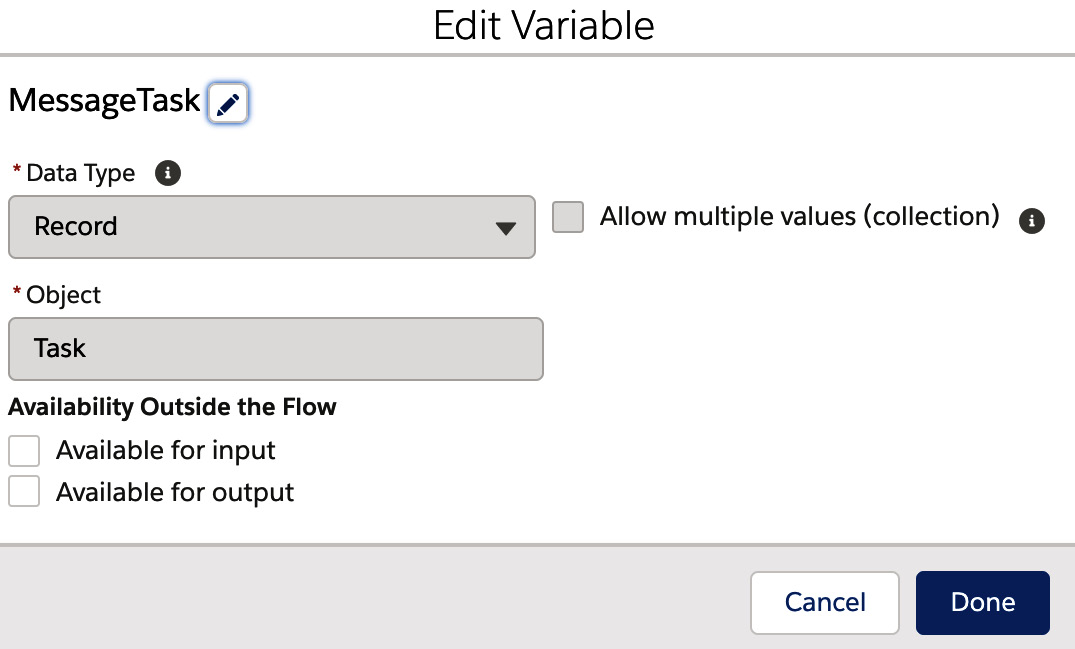 Figure 11.20 – Creating a variable for our Task record
