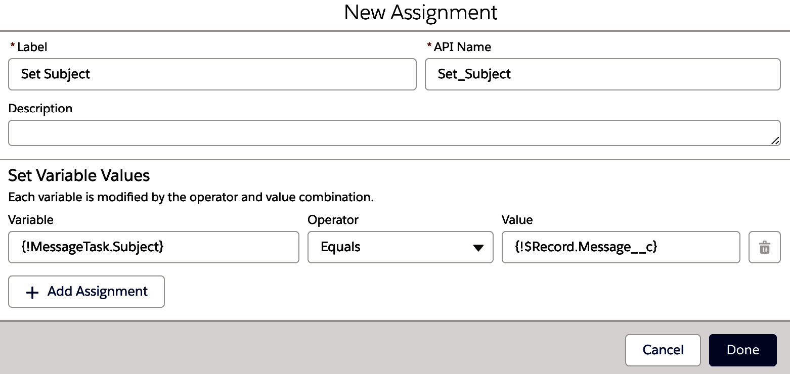 Figure 11.21 – Setting the Subject field of the Task to be the contents of the Message__c field from the platform event
