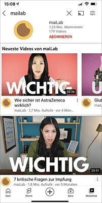 Der Channel-TrustChannel-Trust zeigt sich zum Beispiel durch die Anzahl der Videos und Abos. (www.youtube.com/maiLab)