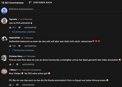 Kommentare bei der Verlosung einer PS5 von Arian