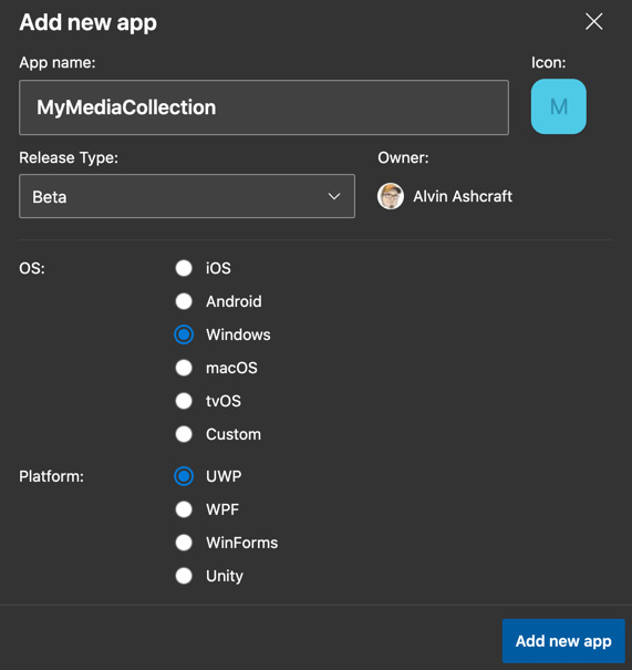 Figure 13.5 – Add a new app to App Center
