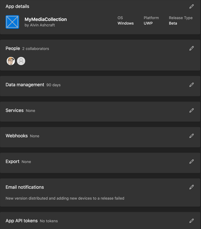 Figure 13.6 – The app settings page in App Center
