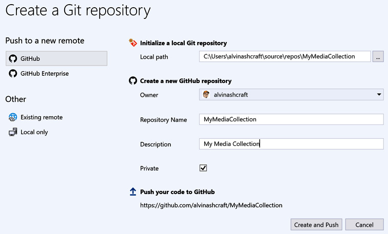 Figure 13.8 – Creating a new GitHub repository in Visual Studio
