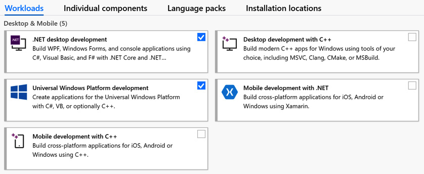 Figure 2.1 – Visual Studio Installer workload selection, showing the first two workloads to select
