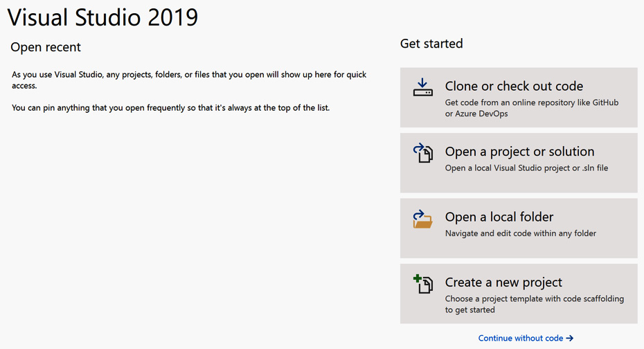 Figure 2.3 – The Visual Studio initial dialog
