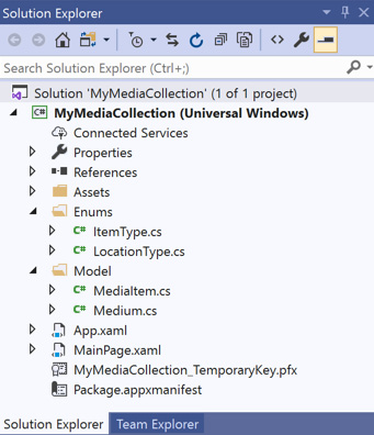 Figure 2.7 – Solution Explorer displays the new model and enum files
