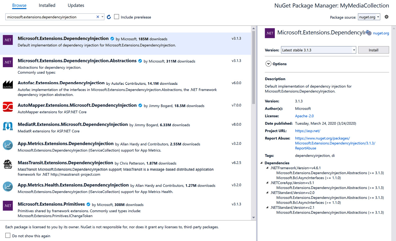 Figure 4.1 – Microsoft's DI NuGet package
