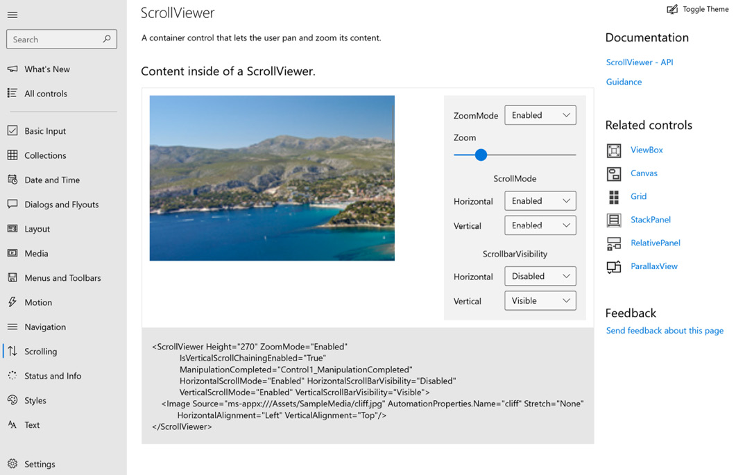 Figure 5.11 – The ScrollViewer control detail page in the XAML Controls Gallery
