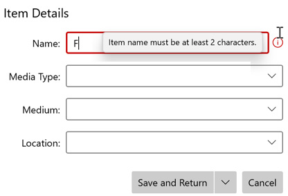 Figure 6.4 – Data input validation on the item name field
