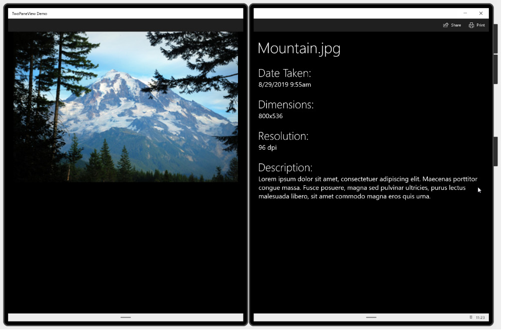 Figure 5.9 – The TwoPaneView control running on Windows 10x (Source: Microsoft Docs)
