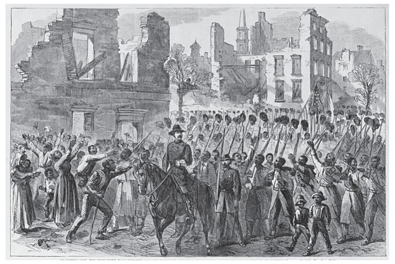 On February 21, 1865, the Massachusetts 55th marched into the city singing “John Brown’s Body” to the delight of the black citizenry. From Harper’s Weekly, March 18, 1865.