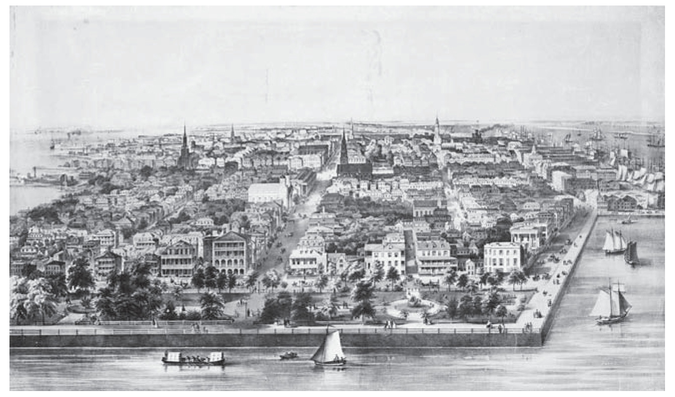 An 1851 view of the lower peninsula showing the Battery and White Point Garden, which played host to annual Emancipation Day and Fourth of July celebrations after the Civil War.